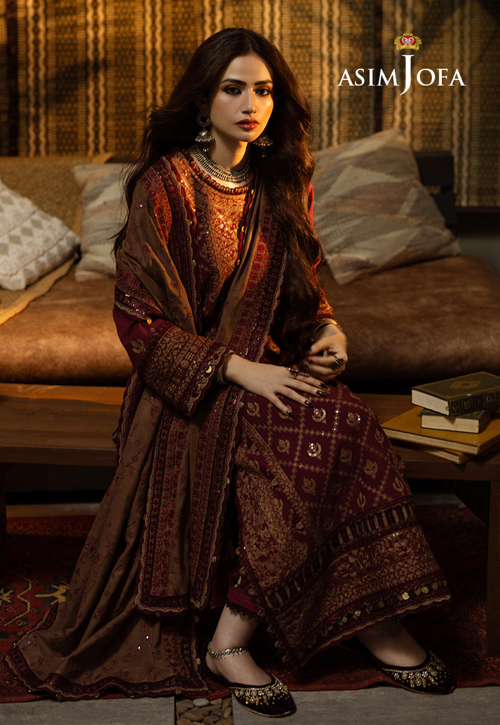 Asim Jofa | (Maroon)3PC Embroidered Summer Suit -RM103