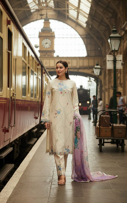Unstitched 3 piece embroidered summer suit-RM128