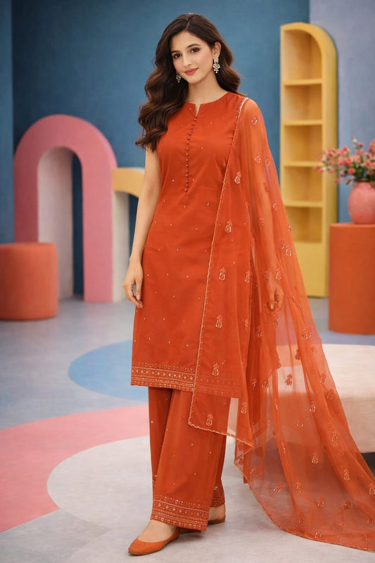 Dyot, Unstitched 3 piece embroidered summer suit-RM114