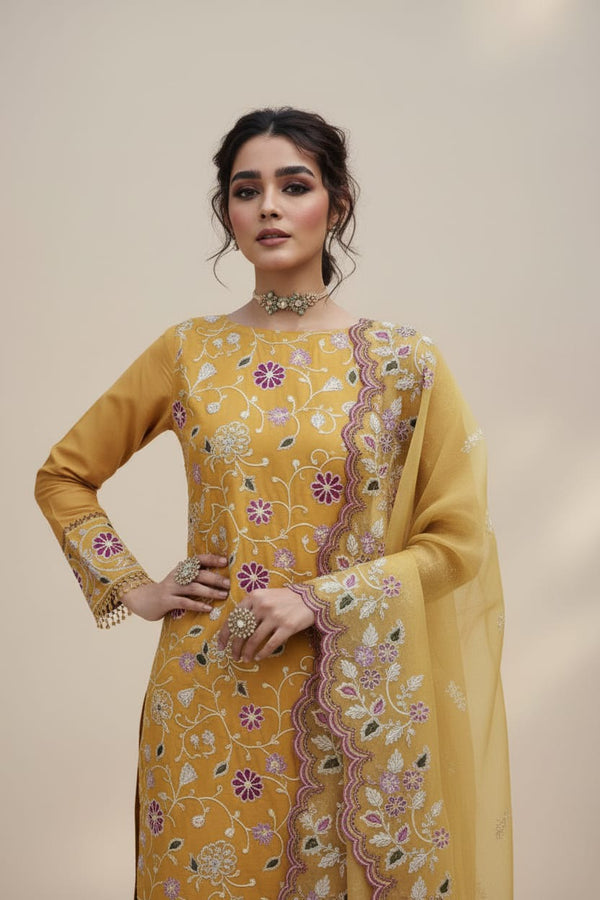 Cross stitch, unstitched 3 piece embroidered summer suit-RM124